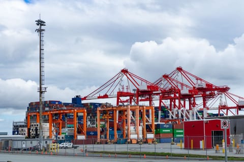 Container cranes and stacked containers at a commercial port