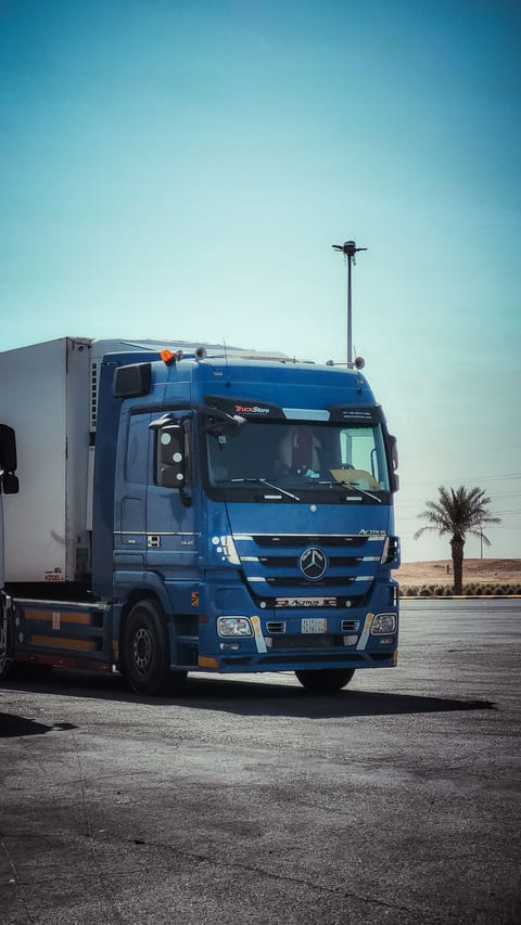 Blue cab-over freight truck with a box trailer on a desert road, palm tree behind